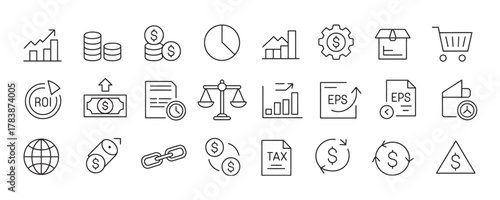 Streamlined financial icons for modern business reporting and investment analysis showcasing earnings, growth and global market strategies