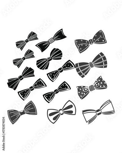 A variety of hand-drawn bow ties in black and white, scattered across the image with different sizes and patterns