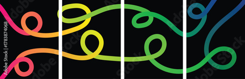 Vibrant neon swirls of color dance across a dark canvas in a four panel abstract artwork