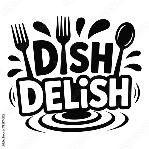 Dish Delish vector logo illustration featuring fork spoon and water rings