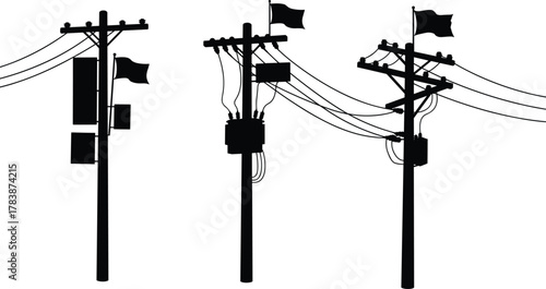 Utility pole silhouettes, electrical infrastructure vector illustration, power distribution design, black and white artwork, stock content for branding, education, engineering, communication