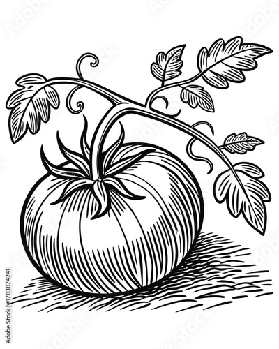 A detailed black and white sketch of a single, ripe tomato attached to a leafy vine, rendered in a classic, illustrative style