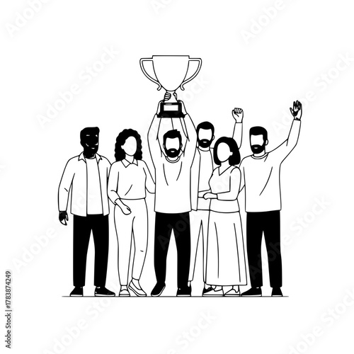 Diverse triumphant successful business professionals proudly holding an overhead championship trophy in a bright clean environment simple isolated representing team achievement and collaboration