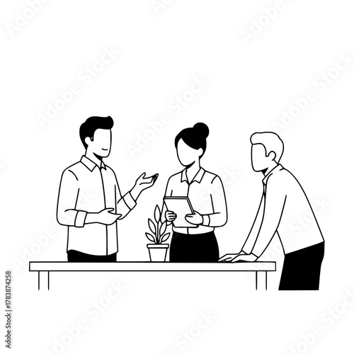 Professional diverse team members collaborate on a project at an office workstation in a modern corporate environment with a potted plant for a professional landing page graphic