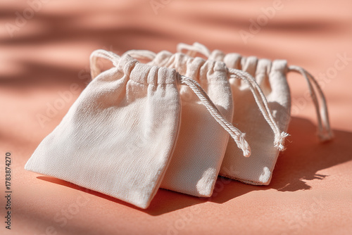 Set of small reusable cotton pouches on a warm beige surface in sunlight, representing eco-friendly packaging and minimal living.