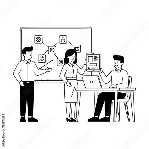 Three business professionals collaborating on digital workflow and landing page optimization in a modern office discussing project strategy