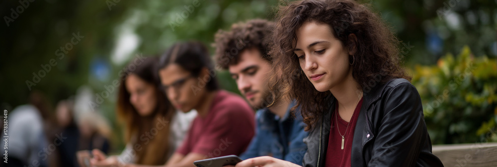 Fototapeta premium A group of four friends, deeply engaged with their smartphones outdoors, representing modern connectivity and social interactions in a natural setting, highlighting youth culture.