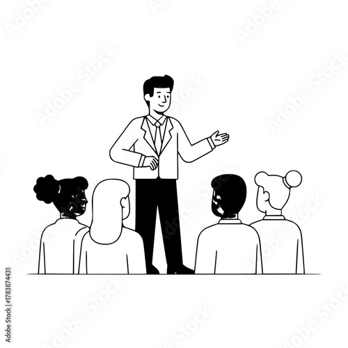 Professional male speaker actively presenting to a diverse attentive audience during a business meeting graphic for a landing page
