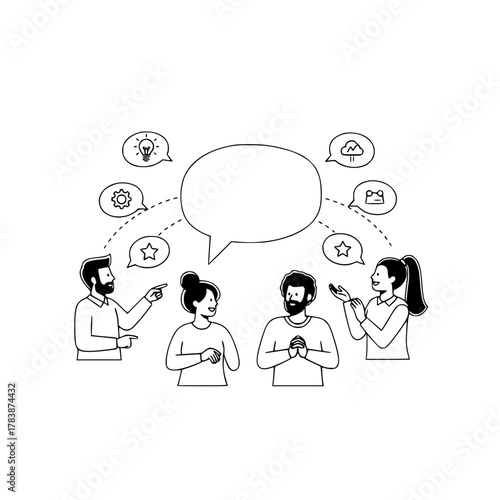 Engaged diverse professional team brainstorming ideas in a collaborative discussion with thought bubbles and empty speech bubble perfect illustration for a website landing page
