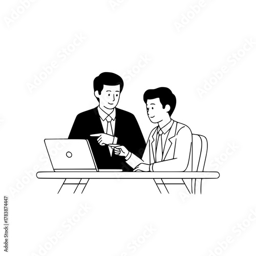 Two professional businessmen collaborating on a laptop screen in a modern office workspace discussing landing page optimization strategies