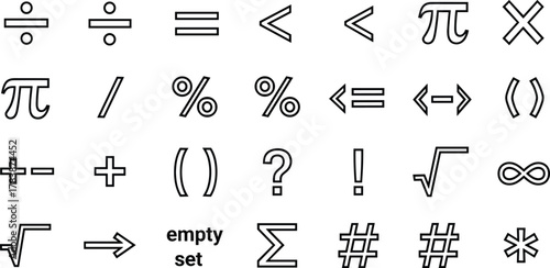Vector illustration of mathematical and symbolic characters including operators, Greek letters, comparison signs, parentheses, infinity, summation, educational design for math and logic