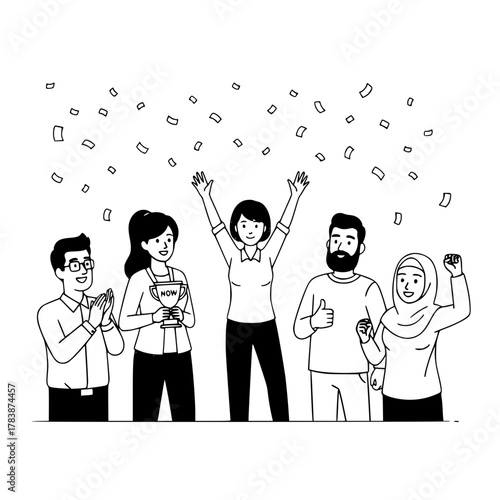 Diverse professional business team celebrates a significant corporate achievement with falling confetti in a jubilant recognition ceremony perfect for a landing page