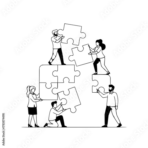 Diverse professional team members collaboratively assembling a complex puzzle structure on a clean white background symbolizing unity and problem-solving