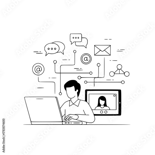 Professional man actively engaging with laptop for online communication in a networked digital workspace displaying various connection icons and a video call for remote interaction