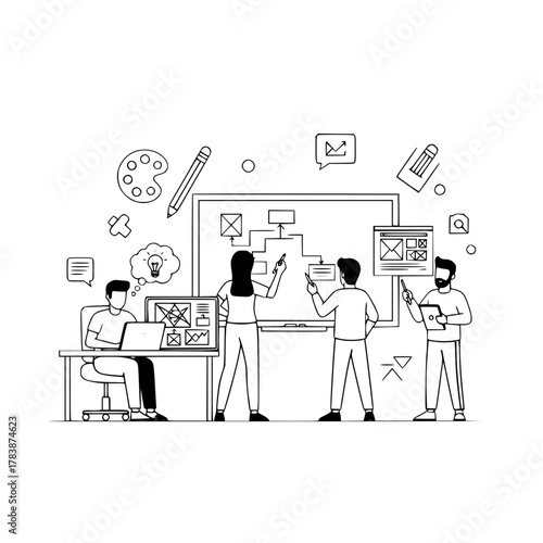 Diverse creative team of professionals collaborating developing strategizing in a dynamic office environment digital design workspace for innovative landing page user experience