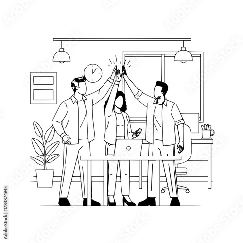 Diverse professional successful team celebrating achievement with a high five in a modern collaborative office interior highlighting teamwork and success for a landing page visual