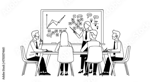 Experienced business team actively brainstorming digital marketing strategy in a professional meeting room with a whiteboard displaying performance metrics for landing page conversion