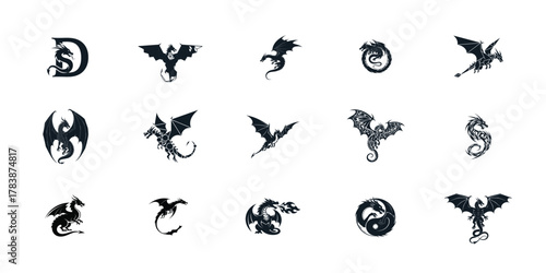 Collection of diverse dragon illustrations and silhouettes showcasing mythical creatures in various artistic styles and poses