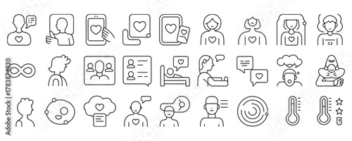 Modern icons represent mental health, emotions, and well-being concepts for healthcare and technology applications