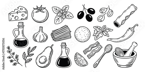 Delicious Italian ingredients for cooking pasta, pizza and salad, fresh food preparation elements