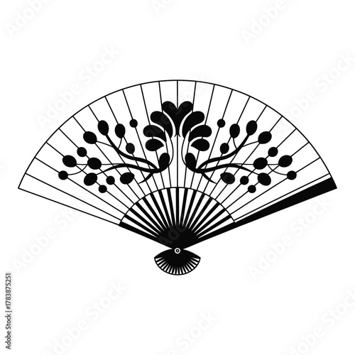 Elegant decorative hand fan illustration with floral ornament in black and white
