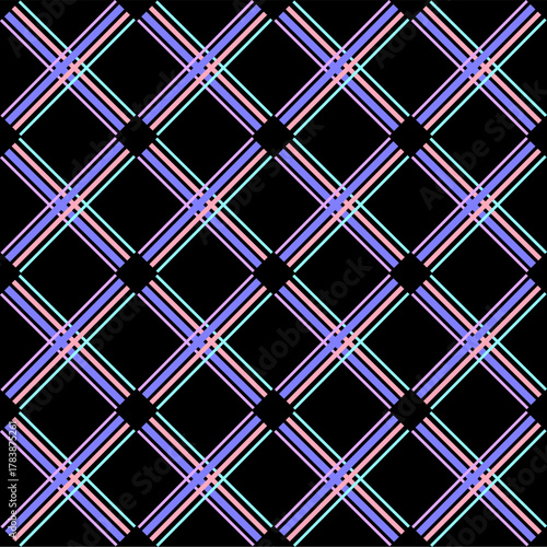 Seamless checkered pattern in red and blue tones on a black background
