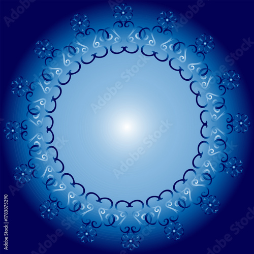 Beautiful round frame with a floral pattern on a blue background