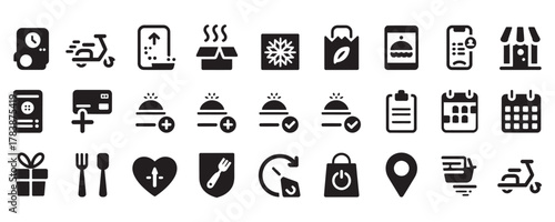 Modern restaurant delivery glyph icons for ordering food, contactless payment, and fast shipping services in black and white for web design projects