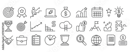 Professional business success icons for modern company growth and strategic planning, ideal for presentations and marketing materials, clean and simple
