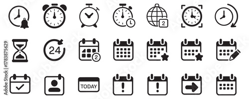 Streamline tasks with scheduling and reminders using these handy calendar and clock icons for websites or apps, ensuring efficiency and productivity