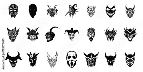 Collection of diverse spooky and mysterious tribal masks with horns and scary faces for halloween or fantasy themes