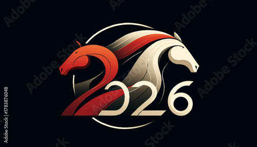 Modern graphic of two horses in red and white forming the number 2026 for a New Year logo