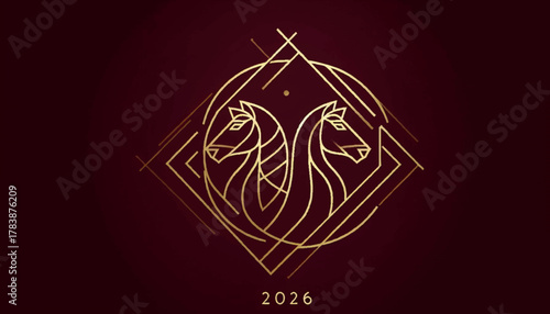 Symmetrical horse heads in a golden art deco style for a luxurious 2026 New Year emblem