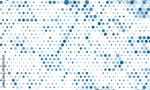 Vector blue geometric abstract background frame. Pattern of chaotic hexagons, particles, fragments. Group of cells, an information grid. Banner for business, technology, presentations.