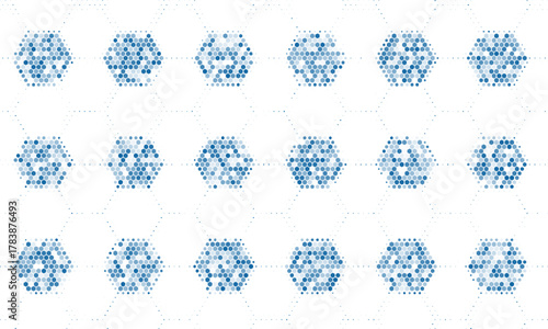 Vector blue geometric abstract background frame. Pattern of chaotic hexagons, particles, fragments. Group of cells, an information grid. Banner for business, technology, presentations.