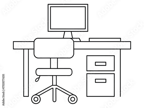 Minimalist office desk setup with computer and wheeled chair, ideal for modern workspace design concepts and business planning.