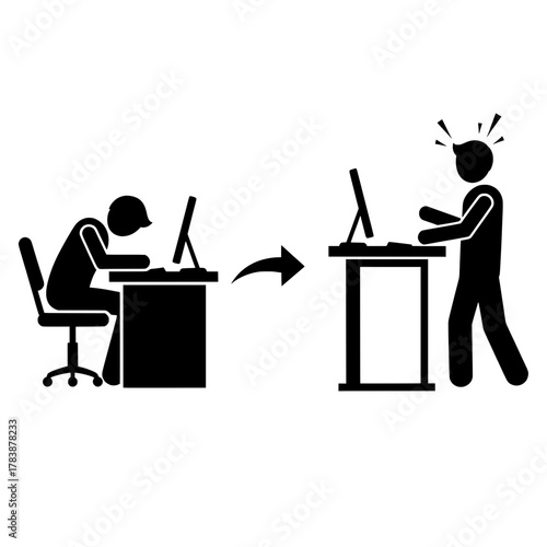 Ergonomic standing desk transformation for better posture and energy vector icon
