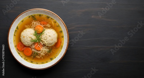 Traditional Jewish Matzo Ball Soup with Carrots and Dill in Ceramic Bowl Comfort Food on Dark Wooden Table  
