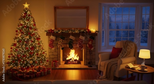 Cozy christmas living room scene with a decorated tree and a roaring fireplace at dusk