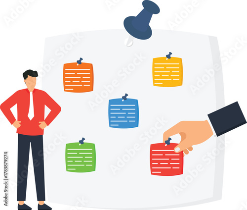 Project management business planning using sticky notes for task management and agile methodology. Team collaboration and office workflow for strategic planning and idea generation on a scrum board.