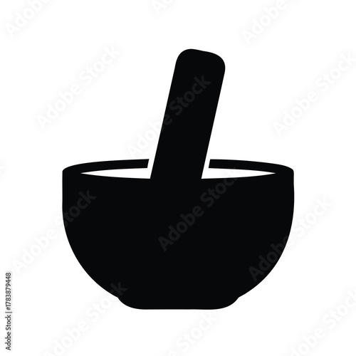 Simple black and white silhouette illustration of a mortar and pestle tool