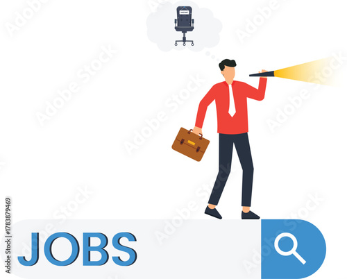 Job seeker looking for work with telescope on search bar. Career opportunity and recruitment concept. Human resources hiring for vacant position. Online employment search for new job.