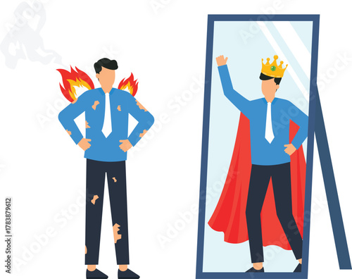 Businessman burnout with self perception seeing king reflection with superhero cape. Inner strength, success concept, personal growth, ambition motivation.