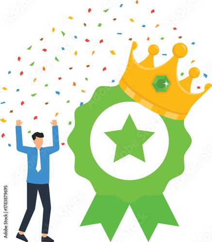 Businessman celebrating award recognition employee success. Gold crown prize ribbon for business victory. Goal attainment leadership concept with falling confetti for top performer.