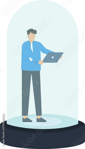 Businessman working remote work social distancing corporate employee workplace isolation digital bubble quarantine life personal space safety bubble business concept mental health