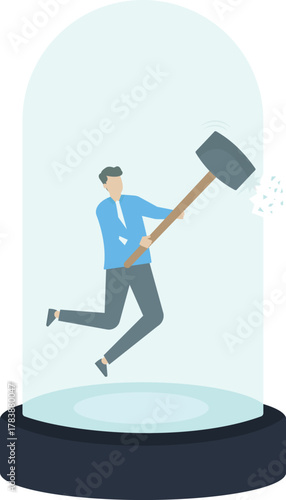 breaking free, business man, glass dome, overcoming obstacles, business challenge, shattering barriers, personal growth