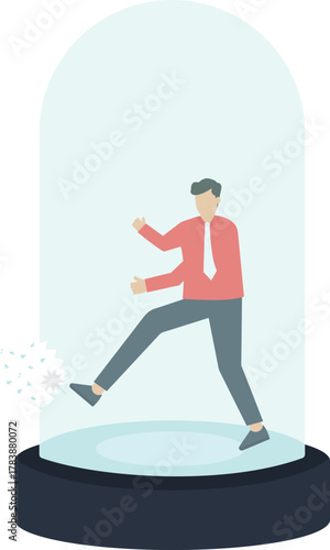 Businessman breaking free from glass dome, escaping comfort zone and overcoming obstacles for personal growth, career development, business challenge, breaking barriers, new opportunity