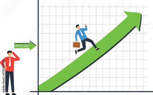 Businessman running up green growth arrow on financial chart. Career progression, personal development, investment success, corporate ambition, moving forward, business growth, success concept.