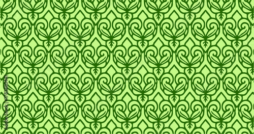 Bright green seamless pattern with swirling ornamental black shapes in symmetrical repetition.