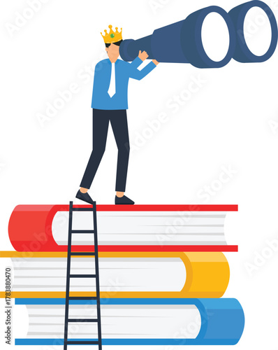 Businessman with crown looking through binoculars on book stack. Business vision career growth knowledge leadership future goals market research strategic planning achieving success.